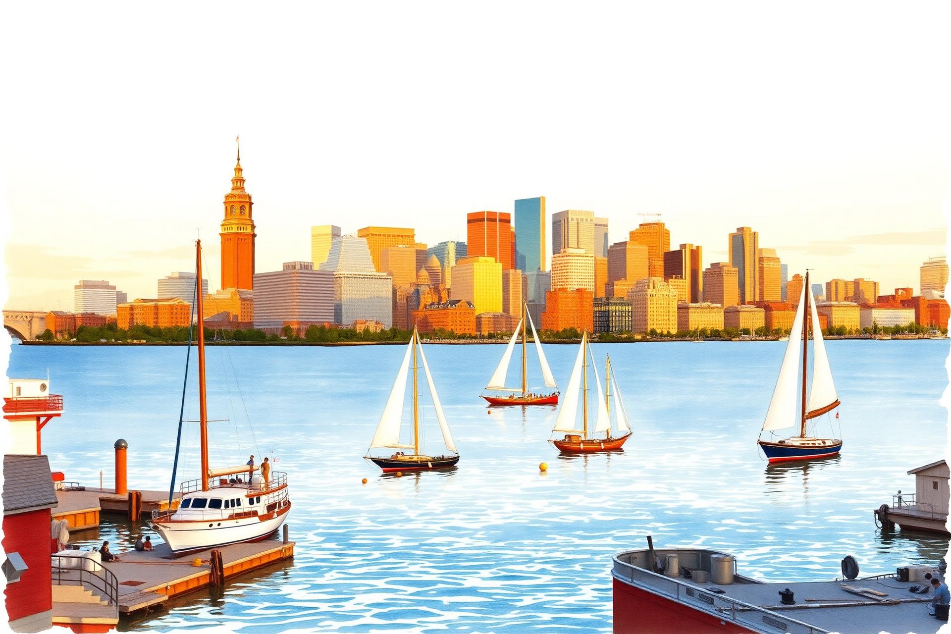 Watercolor of Boston Harbor at golden hour with the downtown skyline and sailboats